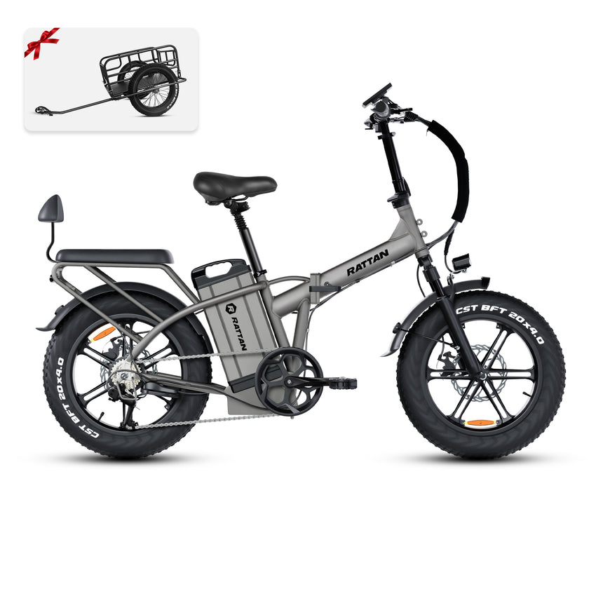 Gray electric bike with a small trailer attachment on a white background. Rattan LM Ultra Folding ebike