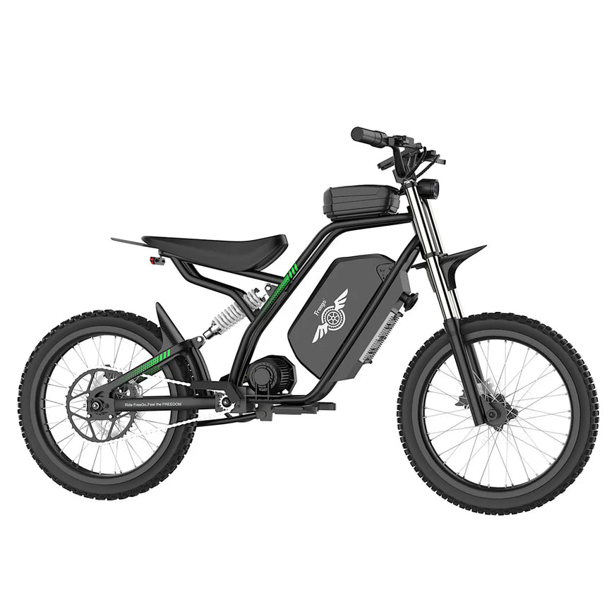 Black electric bike with green accents on a white background. Freego Nova 3 Mid-Drive All-Terrain Dirt eBike