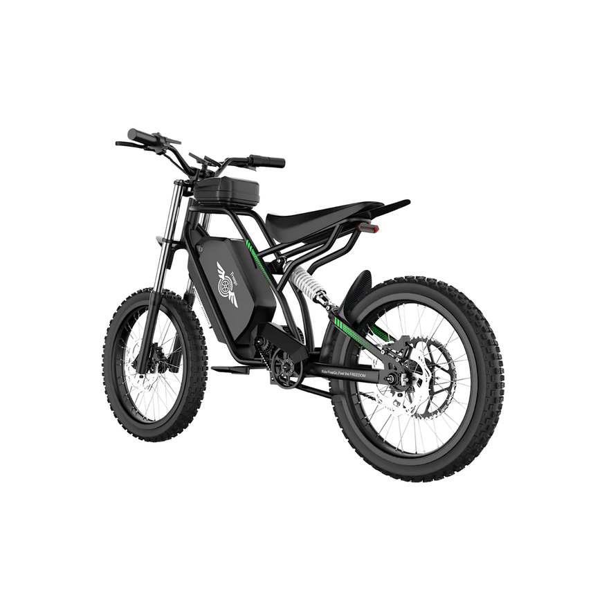 Black electric bike on a white background. Freego Nova 3 Mid-Drive All-Terrain Dirt eBike