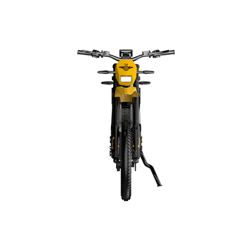 Yellow and black motorcycle on a white background. Freego Nova 5 Mid-Drive Off-Road Electric Dirt Bike