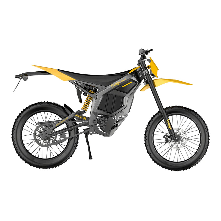 Yellow and black electric bike on a white background. Freego Nova 5 Mid-Drive Off-Road Electric Dirt Bike