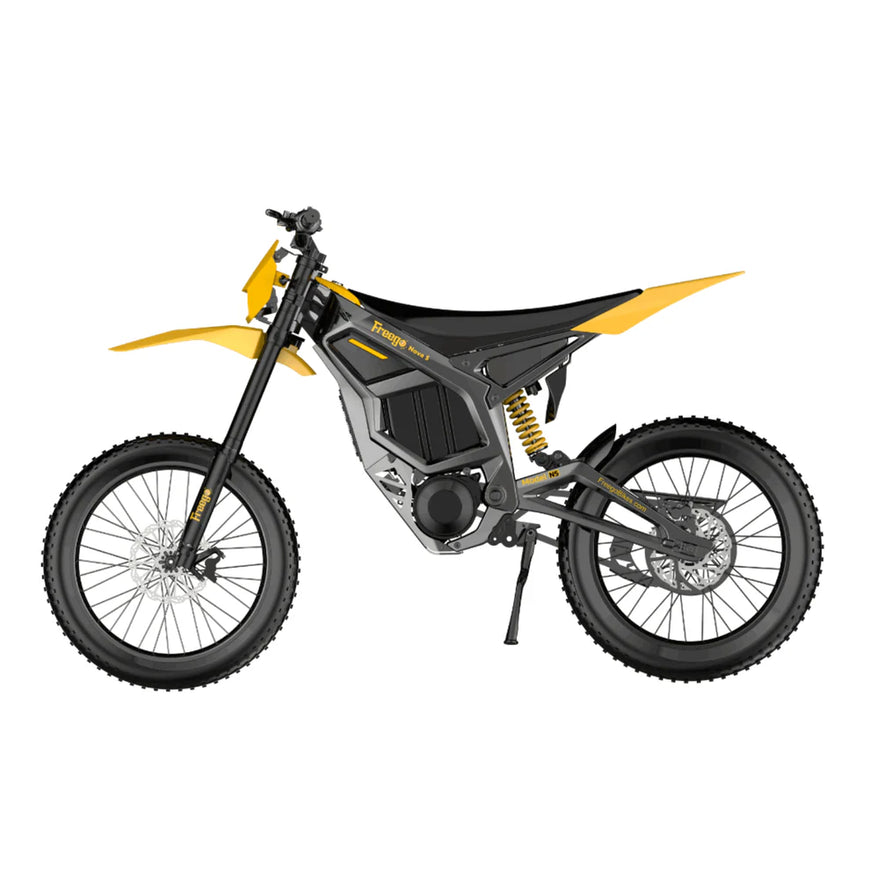 Yellow and black electric bike on a white background. Freego Nova 5 Mid-Drive Off-Road Electric Dirt Bike