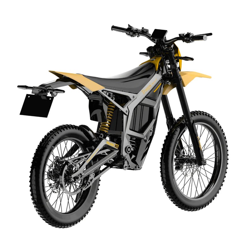 Yellow and black electric bike on a white background. Freego Nova 5 Mid-Drive Off-Road Electric Dirt Bike