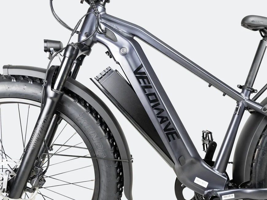 Gray electric bike with 'VELOWAVE' branding on a white background. Valowave Ranger 3.0 Fat Tire All-Terrain Electric Bike