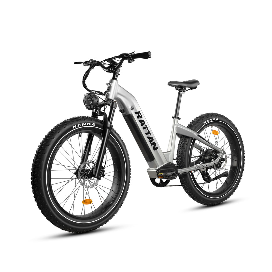 Electric bike with Kenda tires on a white background. Rattan Sequoia Fat tire eBike