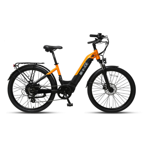 Black and orange electric bicycle on a white background. JADE Step Through Commuter Ebike