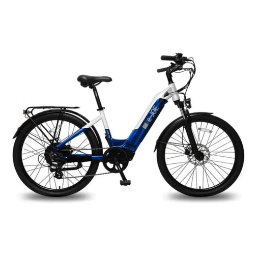 Blue and white electric bicycle on a white background. JADE Step Through Commuter Ebike