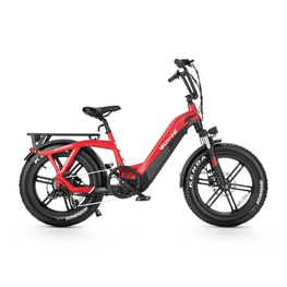 Red electric bike with black accents on a white background. Valowave Pony Compact Step-Thru Electric Bike
