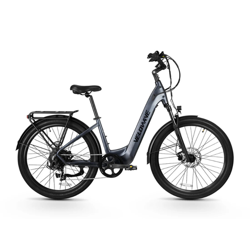 Gray electric bicycle with black details on a white background. Valowave Breeze T Torque Sensor Electric Bike