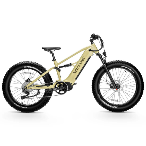Beige electric bike with black components on a white background. Valowave Brawny XM MTB Mountain Electric Bike