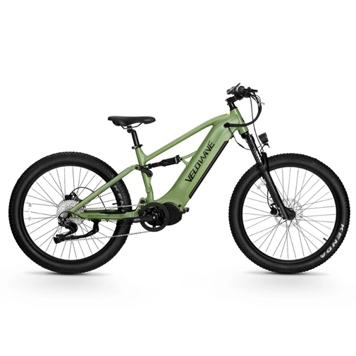 Green electric bike with 'Velovave' branding on a white background. Valowave Forest XM MTB