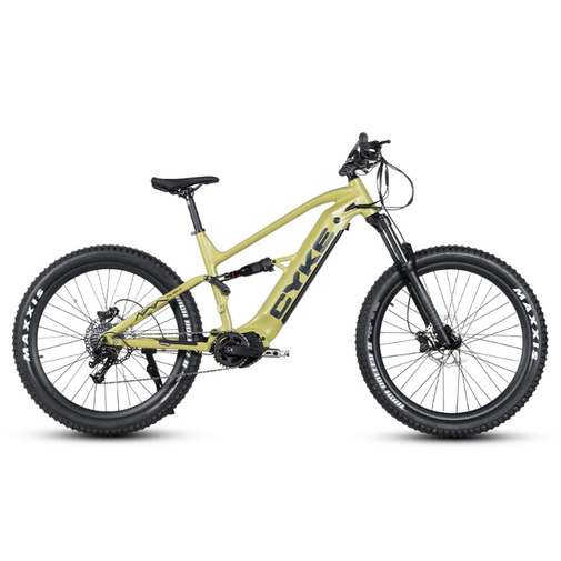 Yellow electric bike with black components on a white background. CYKE Falcon A Full Suspension eBike