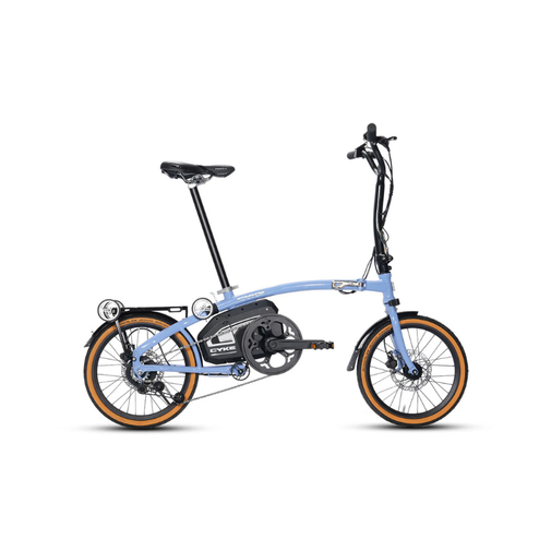 Blue electric bike on a white background. CYKE Kingfisher Mid-Drive Folding eBike