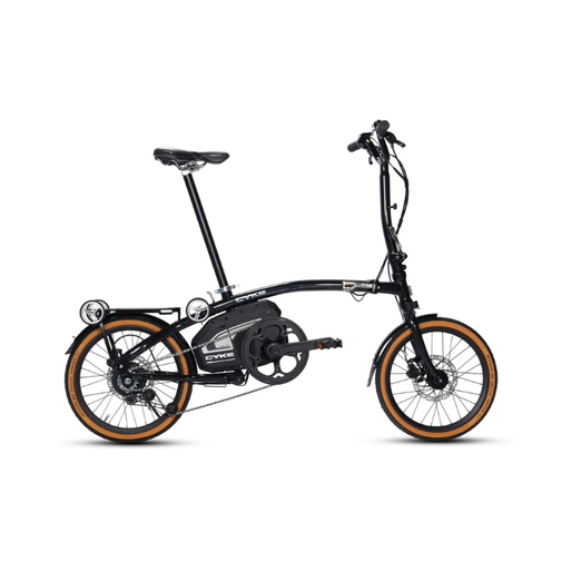 Black electric bike with orange rims on a white background. CYKE Kingfisher Mid-Drive Folding eBike