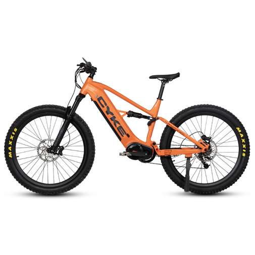 Orange bicycle with 'CYKE' branding on a white background. CYKE Falcon S Full Suspension Ebike