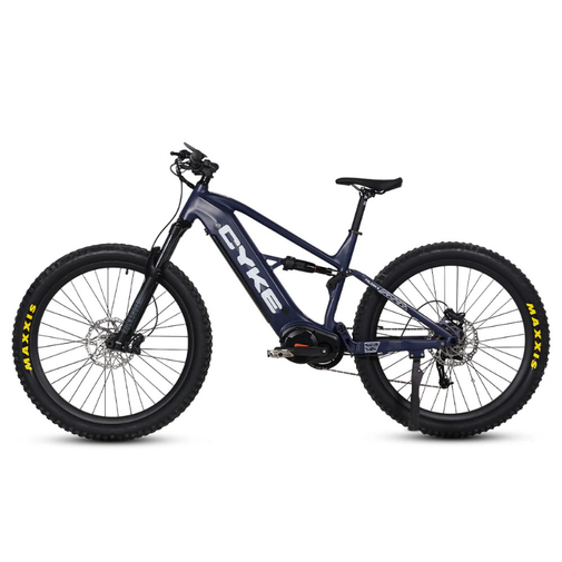 Blue electric bike with 'CYKE' branding on a white background. CYKE Falcon S Full Suspension Ebike