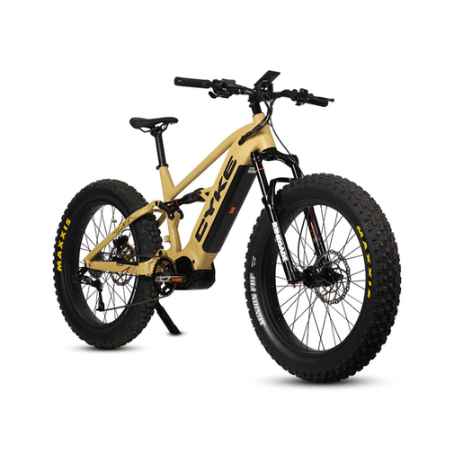 Beige electric bike with black components on a white background. CYKE Falcon X Full Suspension EBike