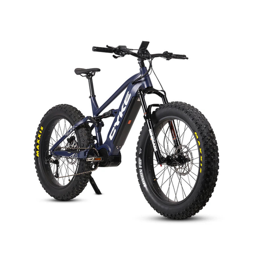 Blue electric bike with thick tires on a white background. CYKE Falcon X Full Suspension EBike