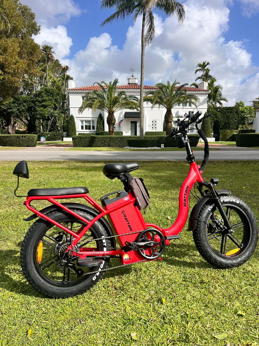 Red electric bike on grass with a house and palm trees in the background. Rattan LF Ultra Folding ebike