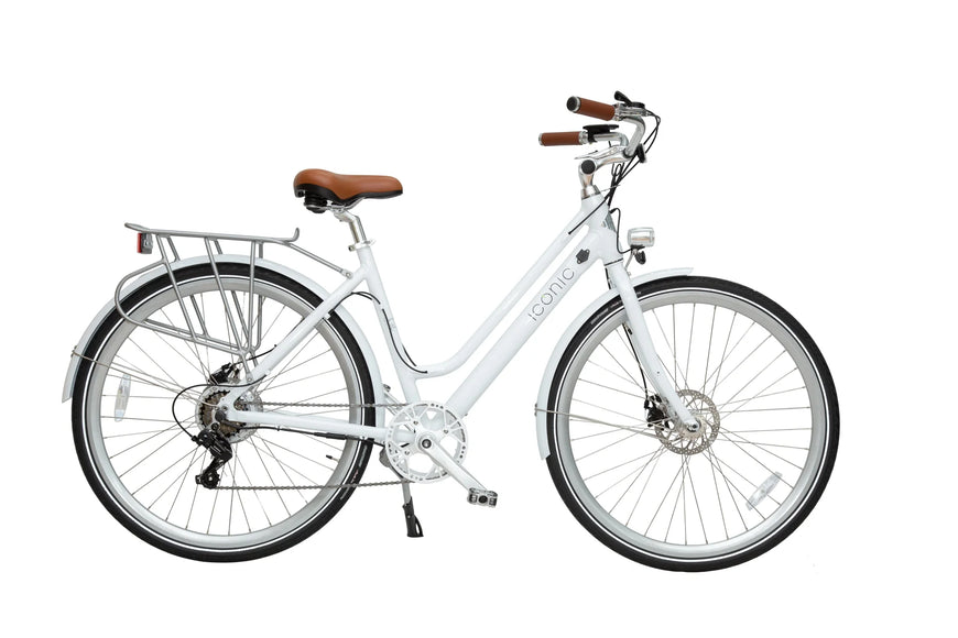 White bicycle with brown seat on a white background