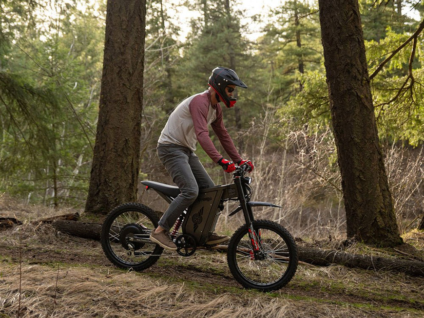 Person riding an electric bike through a forest. Freego X2 Pro All-Terrain Dirt eBike