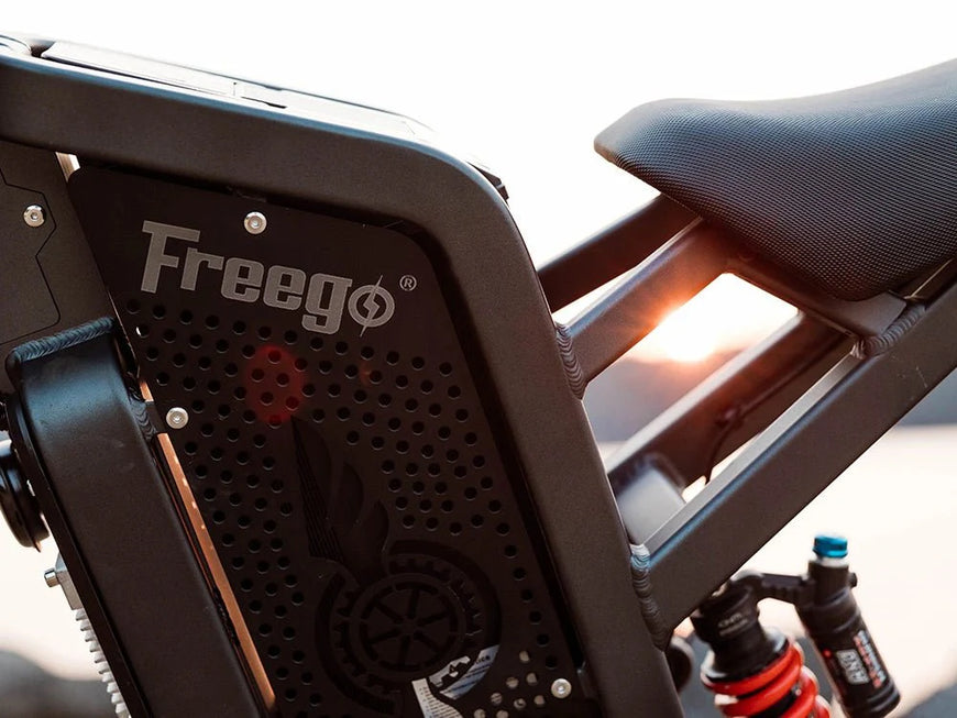 Close-up of a Freego electric bike with sunset in the background. Freego X2 Pro All-Terrain Dirt eBike