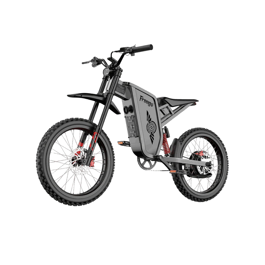 Black electric bike with 'Freeco' branding on a white background. Freego X2 Pro All-Terrain Dirt eBike