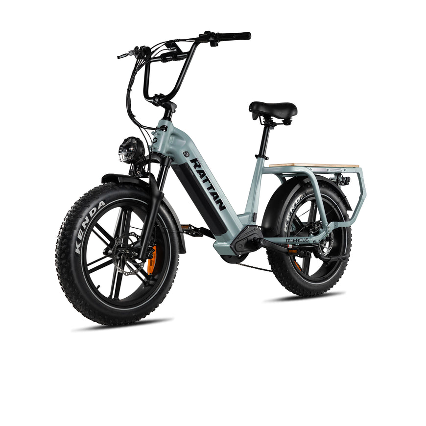 Gray electric bike with 'Rattan' branding on a white background. Rattan Quercus Long Range Utility Ebike