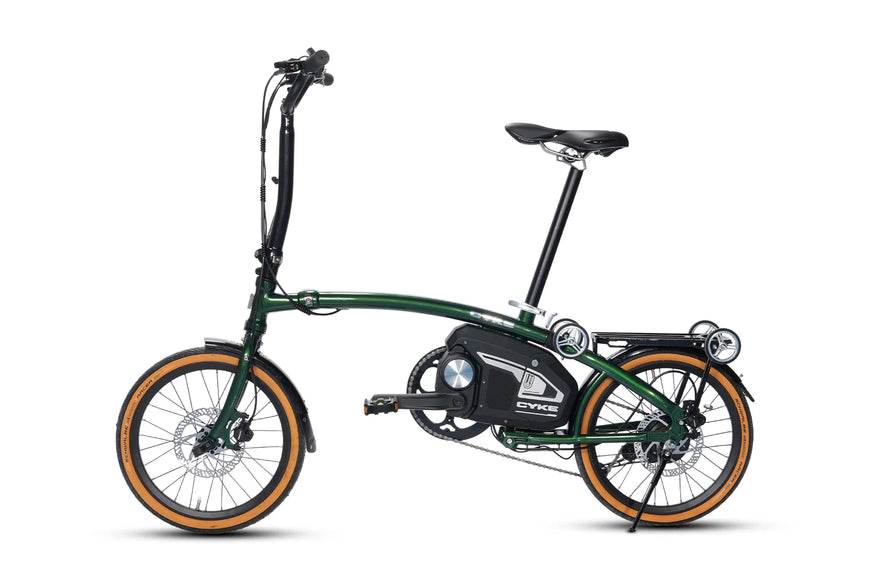 Green folding electric bike on a white background. CYKE Kingfisher Mid-Drive Folding eBike
