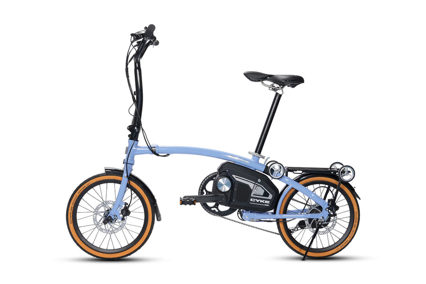 Blue electric bike with black frame on a white background. CYKE Kingfisher Mid-Drive Folding eBike