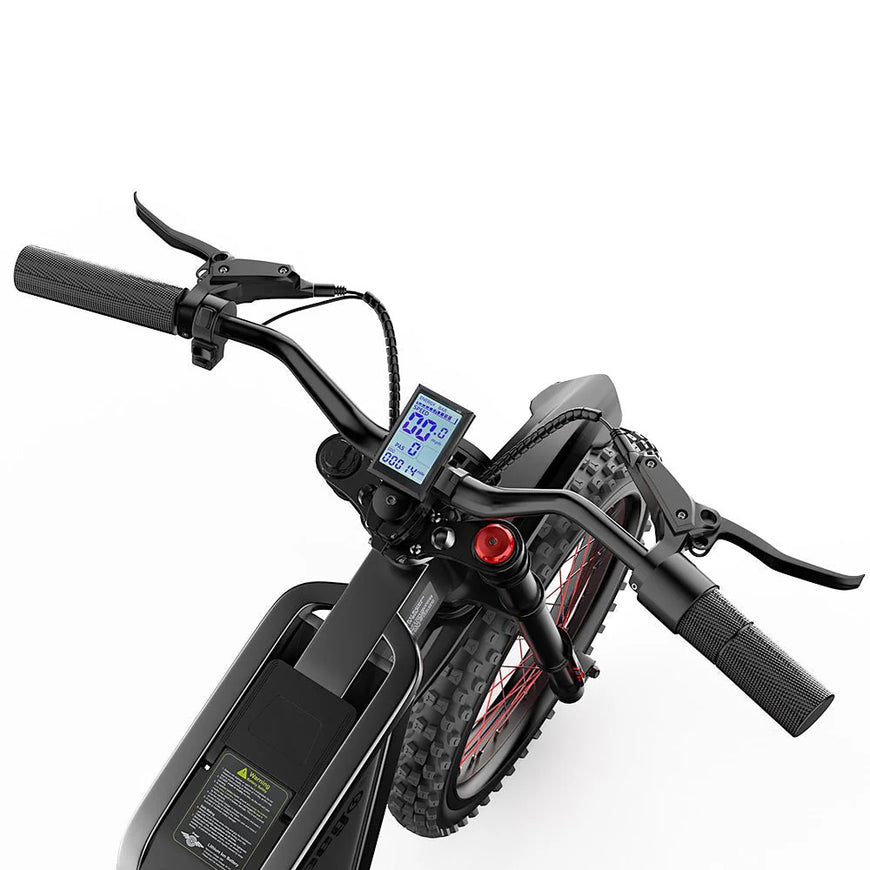 Close-up of a black electric bike with digital display on a white background. Freego X2 Pro All-Terrain Dirt eBike