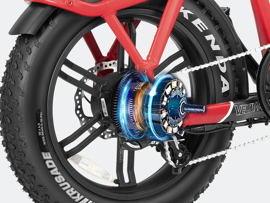 Close-up of a bicycle wheel with Kenda and Velowheel branding on a white background. Valowave Pony Compact Step-Thru Electric Bike