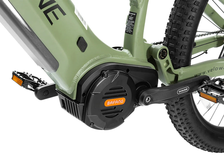 Close-up of a green electric bike with Bafang motor on a white background. Valowave Forest XM MTB