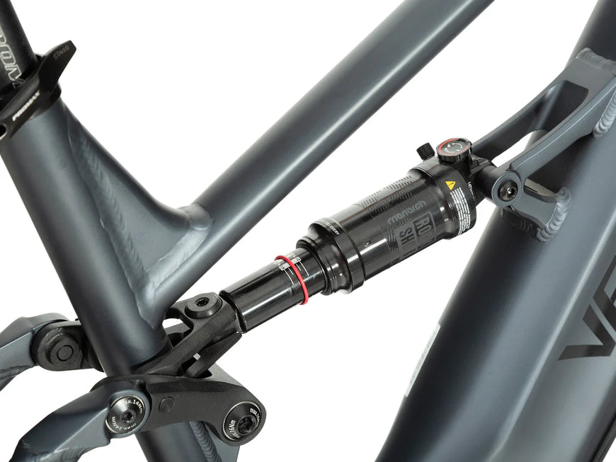 Close-up of a bicycle suspension fork on a white background. Valowave Brawny XM MTB Mountain Electric Bike