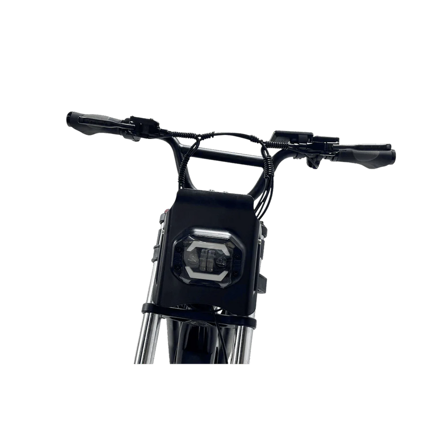 Close-up of a bicycle handlebar with digital display on a white background. Freego Shotgun F2 Pro Max Prime Fat Tire E-Bike