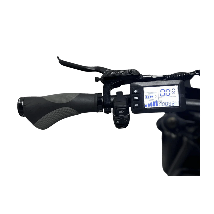 Close-up of a motorcycle handlebar with digital display on a white background. Freego Shotgun F2 Pro Max Prime Fat Tire E-Bike