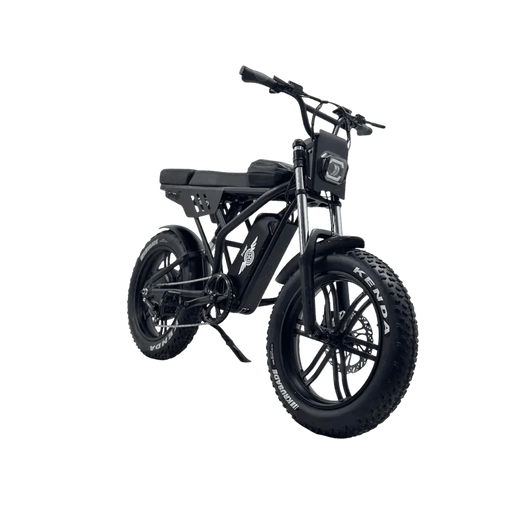 Black electric bike with Kenda tires on a white background. Freego Shotgun F2 Pro Max Prime Fat Tire E-Bike