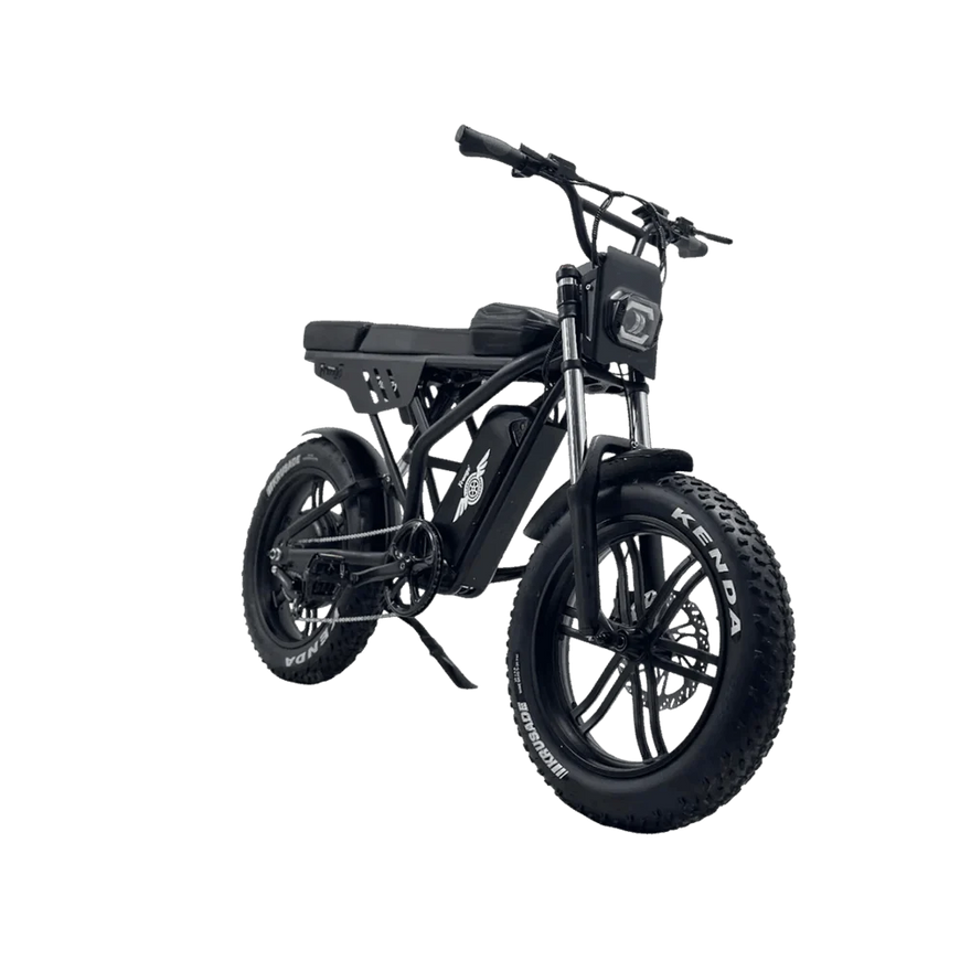 Black electric bike with Kenda tires on a white background. Freego Shotgun F2 Pro Max Prime Fat Tire E-Bike