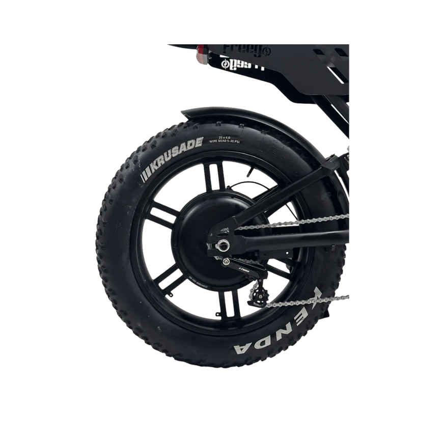 Close-up of a bicycle wheel with 'Krusade' and 'Enda' branding on a white background. Freego Shotgun F2 Pro Max Prime Fat Tire E-Bike
