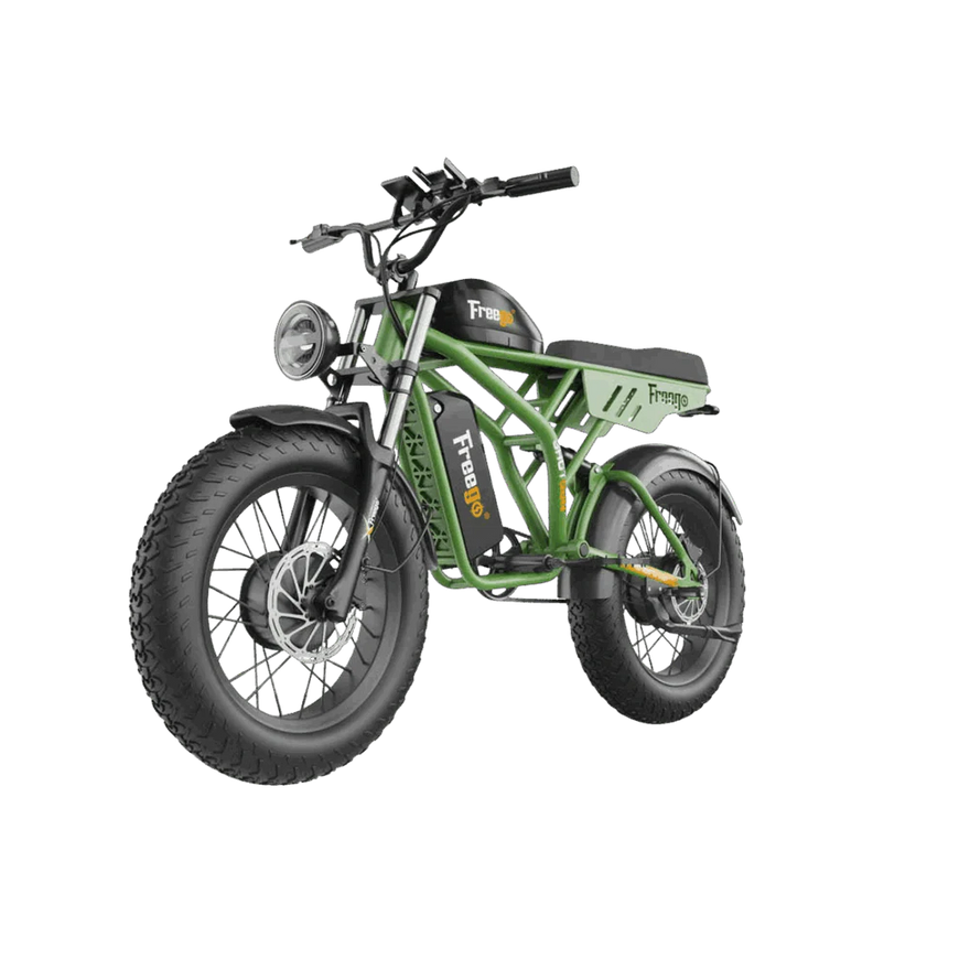 Green electric bike with 'Freego' branding on a white background. Freego Flash F3 Pro Dual Motor and Battery eBike