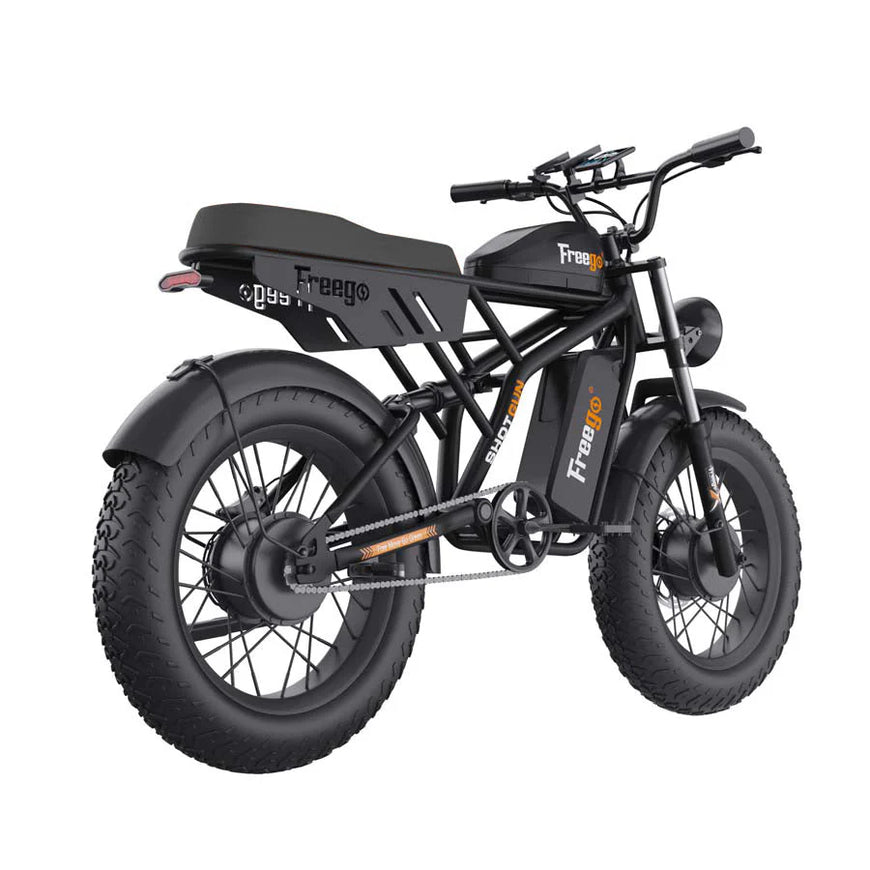 Black electric bike with 'Freego' branding on a white background. Freego Flash F3 Pro Dual Motor and Battery eBike