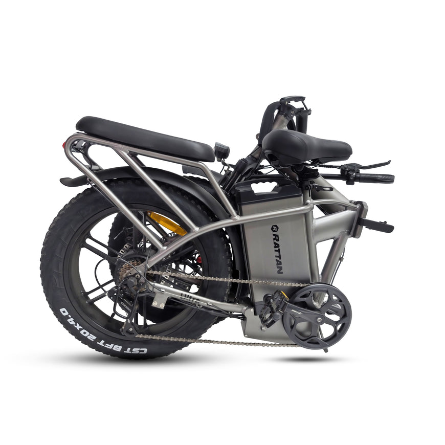 Gray electric bike with a black seat on a white background.Rattan LM Ultra Folding ebike