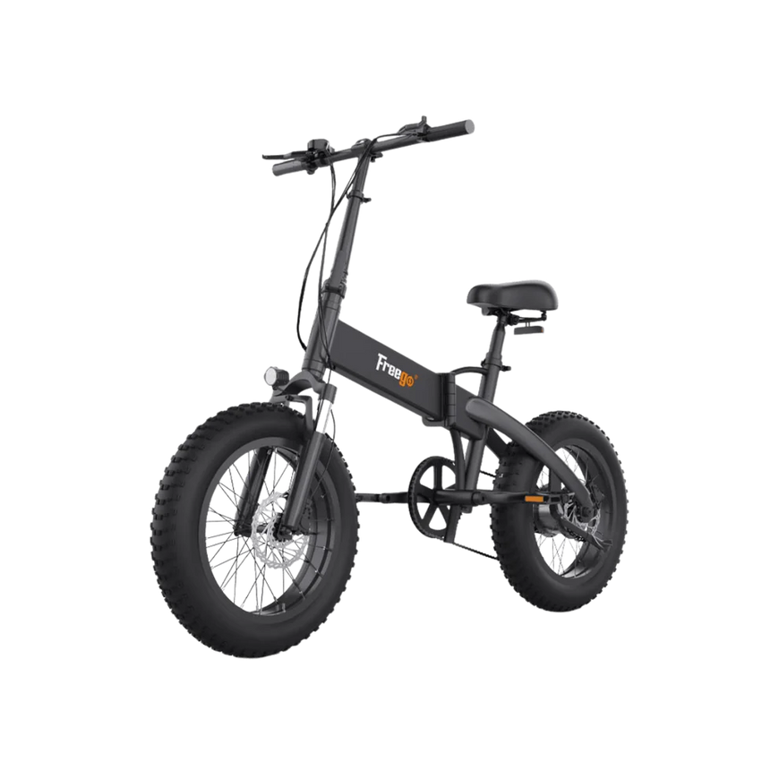 Black electric bike with 'Freego' branding on a white background. Freego eFlex Raptor E1 Shimano 7-Speed Foldable Fat Tire City Electric Bike