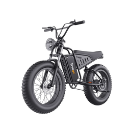 Black electric bike with large wheels on a white background. Freego S1 Cafe Racer eBike