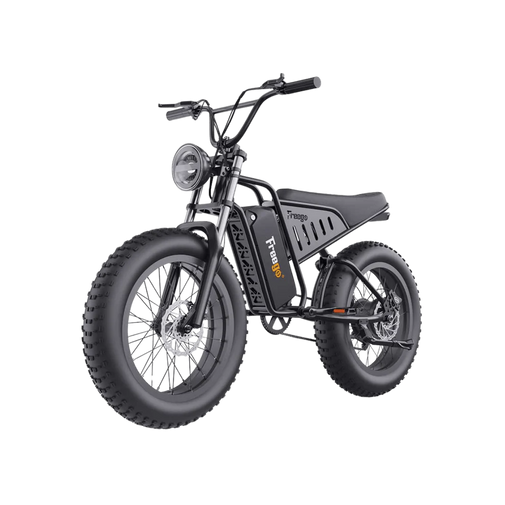 Black electric bike with large wheels on a white background. Freego S1 Cafe Racer eBike