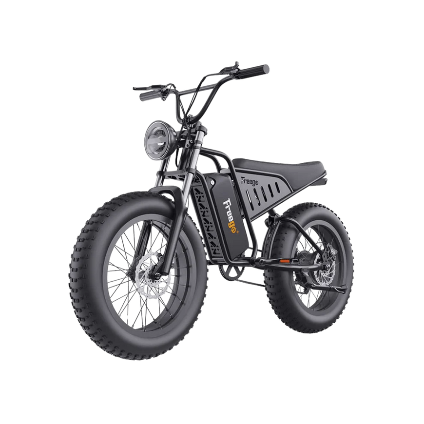 Black electric bike with large wheels on a white background. Freego S1 Cafe Racer eBike