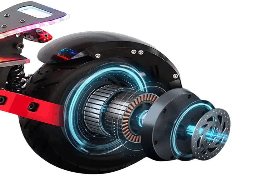 Close-up of a mechanical component with gears and red and black design on a white background. Freego D11 Landtiger Electric Scooter Foldable Dual Motor 4000W