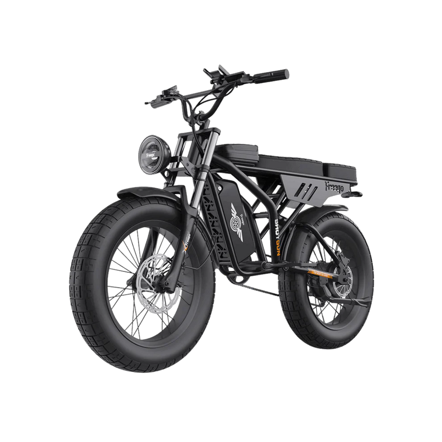 Black electric bike on a white background. Freego Shotgun Prime F2 Pro Electric Cargo Bike