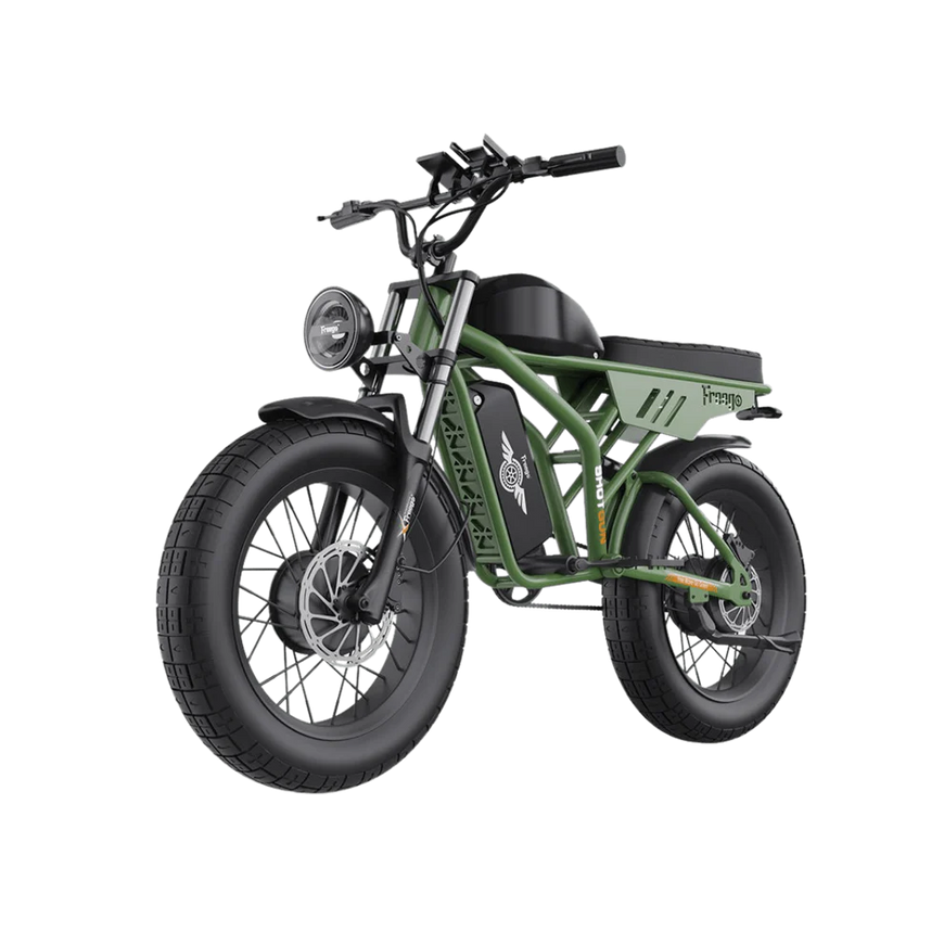 Green electric bike on a white background. Freego Flash F3 Pro Dual Motor and Battery eBike