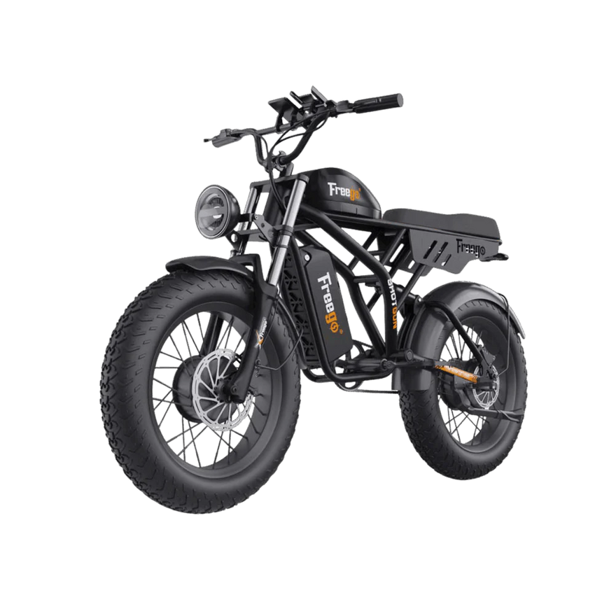 Black electric bike with large tires on a white background. Freego Flash F3 Pro Dual Motor and Battery eBike